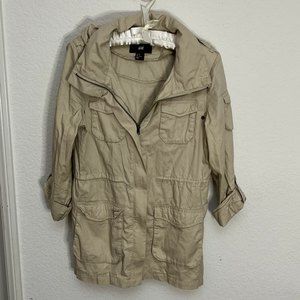 H&M Tan Jacket Anorak Utility Hooded Lightweight Beige Cargo Roll Tab Sz S 4